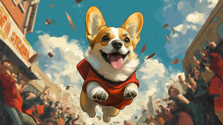 Superhero corgi flying through cheering crowd, spreading energy in lively celebration. AI Generativeの素材