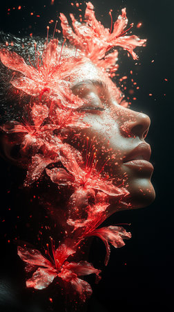 Surreal womanâs face merging with glowing red flowers, radiating beauty and mysticism. AI Generativeの素材