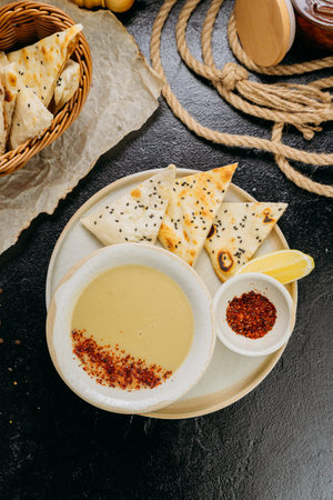 Creamy lentil soup with flatbread, sesame seeds, chili flakes, and lemon, served in an elegant style