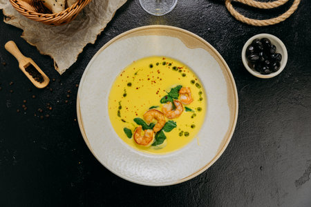 Creamy shrimp soup with spinach, garnished with chili flakes and herb oil, served in a gourmet styleの写真素材