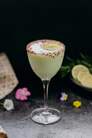 Elegant citrus cocktail in tall glass with floral garnish and dried lime slice, perfect for summerの写真素材