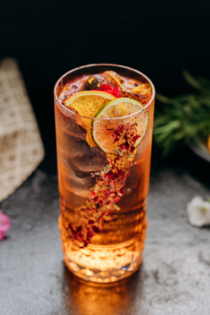 Refreshing floral cocktail with dried lime and petal garnish in an elegant glass, perfect for eventsの写真素材