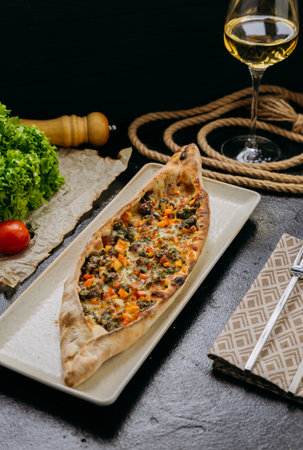Turkish pide with minced meat, vegetables and cheese on a plate in a stylish restaurant settingの写真素材