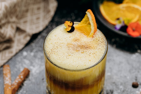 Layered espresso and orange juice cocktail with frothy top, garnished with dried citrus and spices