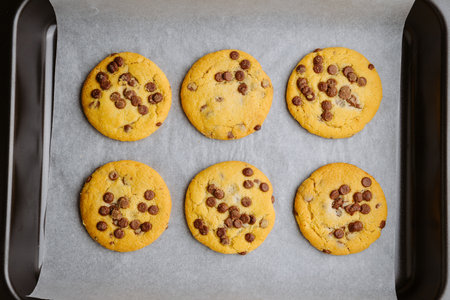 Freshly baked chocolate chip cookies in tray on parchment paper, closeup food photographyの写真素材