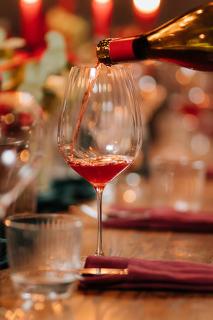Pouring rose wine into glass at festive dinner with flowers and candlelight ambianceの写真素材