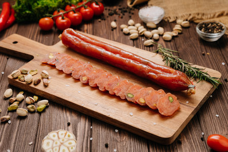 Sliced gourmet sausage with pistachios on wooden board with herbs and vegetables
