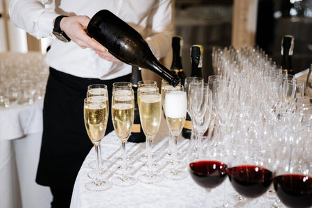 Glasses of champagne and red wine being served at a formal celebration eventの写真素材
