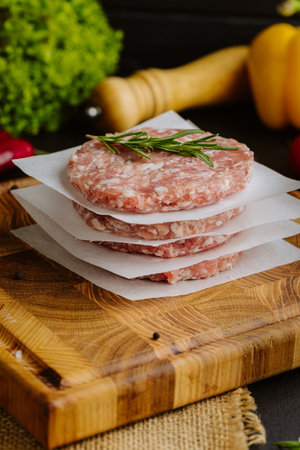 Stack of raw burger patties with rosemary on parchment paper, prepared for grillingの写真素材