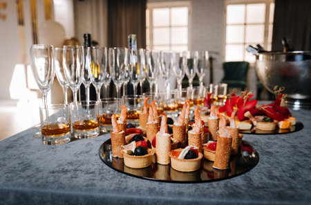 Elegant catering setup with gourmet canapes and whiskey in glasses for a corporate eventの写真素材