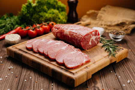 Fresh raw pork loin with rosemary on a wooden cutting board, perfect for cooking or grilling recipesの写真素材
