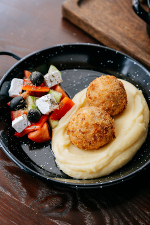 Mashed potatoes with crispy cutlets and fresh Greek salad on a black rustic plateの写真素材