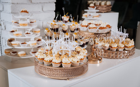 Luxury candy bar with cupcakes, macarons, and desserts on elegant golden traysの写真素材
