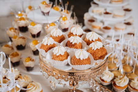 Elegant dessert table with assorted mini cakes and creamy cupcakes at festive eventの写真素材