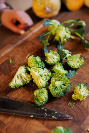 Freshly cut broccoli florets on a wooden board with a kitchen knife, rustic cooking conceptの写真素材