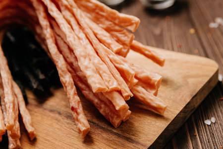 Variety of black and light meat sticks on board with herbs and spices, ideal for culinary displayの写真素材