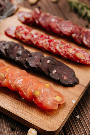Close-up of gourmet sliced sausage with nuts on wooden board, traditional cured meat snackの写真素材