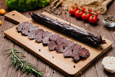 Sliced dry sausage on rustic wooden board with spices and tomatoes, top view