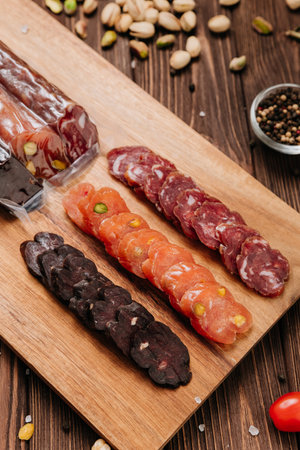 Assorted gourmet sausages sliced and vacuum packed on rustic wooden background with spicesの写真素材