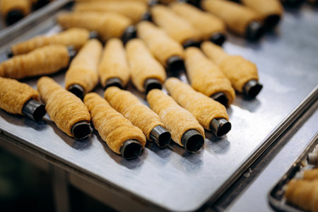 Unbaked puff pastry tubes on tray ready for cream filling in bakery kitchenの写真素材