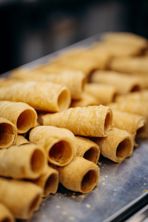 Raw puff pastry tubes for cream rolls on metal tray in bakery kitchenの写真素材
