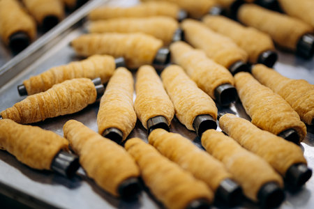Unbaked puff pastry tubes on tray ready for cream filling in bakery kitchenの写真素材