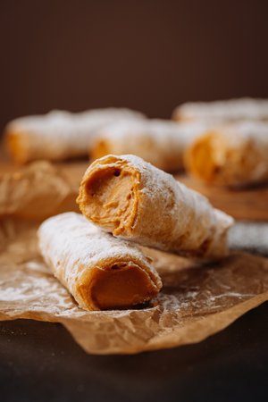 Caramel cream filled pastry rolls dusted with powdered sugar on parchment paper