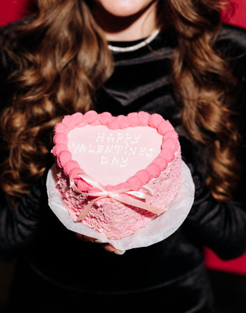 Heart-shaped pink Valentines Day cake held by woman in elegant black velvet dress