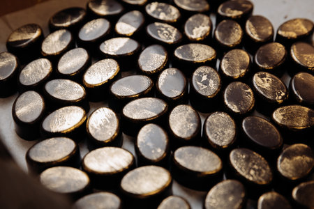 Luxury artisan dark chocolates with golden shimmer in elegant macro close up