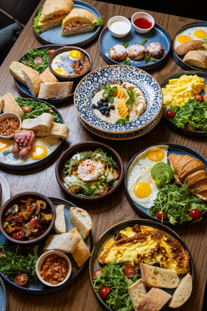 Delicious variety of gourmet breakfast dishes served on wooden table in cozy restaurant