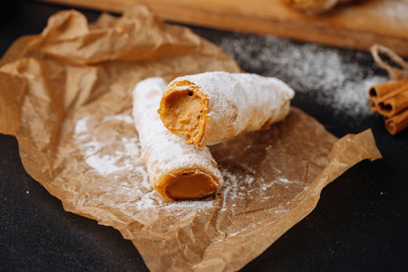 Caramel cream filled pastry rolls dusted with powdered sugar on parchment paper
