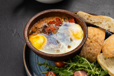 Baked eggs with vegetables in clay bowl, served with ciabatta bread and fresh saladの写真素材