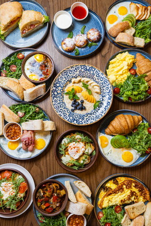 Assorted gourmet breakfast dishes on a rustic wooden table, top view