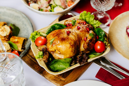 Roasted chicken with pomegranate and vegetables served on festive holiday table