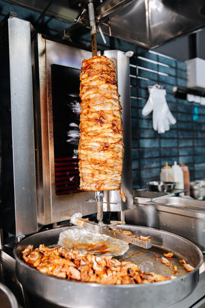 Freshly grilled shawarma meat rotating on vertical spit in modern restaurant kitchenの写真素材