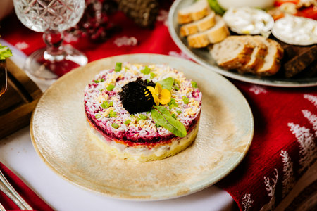 Traditional layered beetroot salad Herring under a fur coat with caviar and herbs on festive table