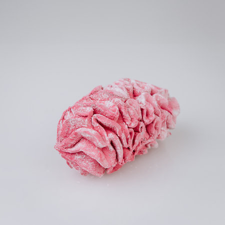 Pink marshmallow dessert with sugar powder on white background, minimal sweet conceptの写真素材