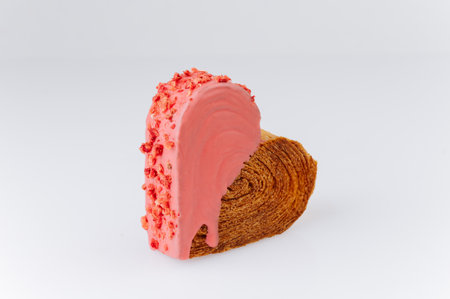 Heart-shaped croissant with pink icing and crushed strawberry topping on white background