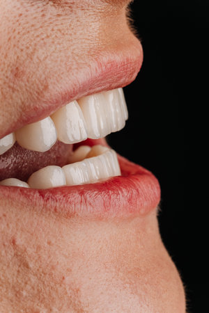 Closeup of bright white veneers on mature woman smile, natural dental resultの写真素材