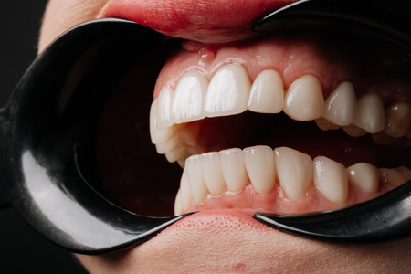 Dental exam with cheek retractors showing white veneers and natural teeth closeup