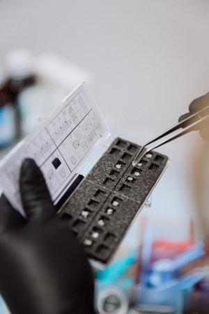 Orthodontic bracket kit with placement chart and tweezers, gloved hands, clinic closeupの写真素材