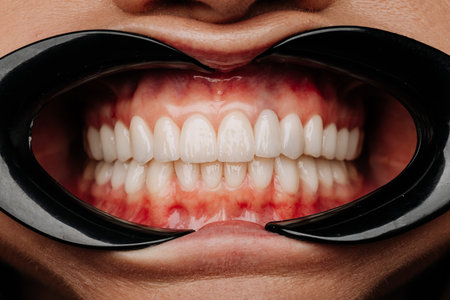 Dental exam with cheek retractors showing white veneers and natural teeth closeup