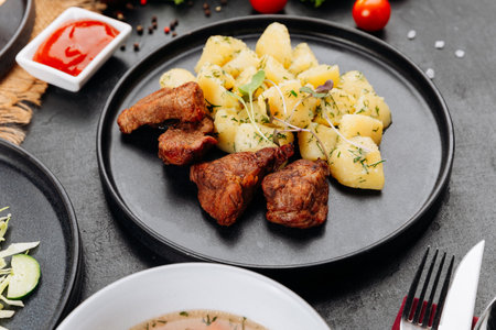 Fried pork with boiled potatoes and dill on a black plate, restaurant lunch closeupの写真素材