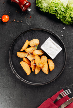 Crispy potato wedges with creamy herb dip on black plate, close upの写真素材