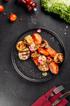 Colorful grilled vegetables with char marks on black plate, close-up, healthy vegetarian dishの写真素材