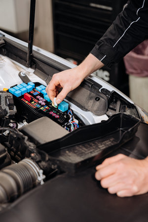Mechanic replacing car fuse in engine bay fuse box, auto service maintenance close up