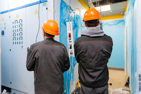 Two construction workers in hard hats inspecting electrical panels at building site