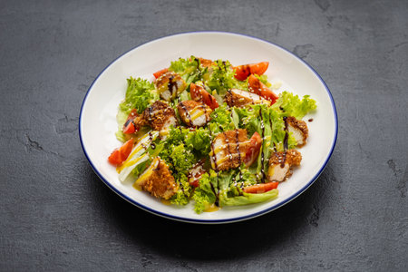 Crispy chicken salad with lettuce, tomatoes, sesame and dressing on plateの写真素材