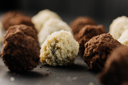 Macro coconut truffle with creamy center and cocoa truffles on dark slateの写真素材