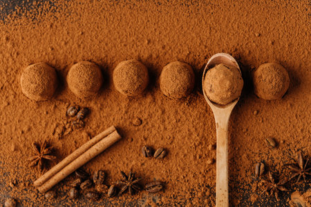 Cocoa dusted chocolate truffles in a row with wooden spoon, top viewの写真素材